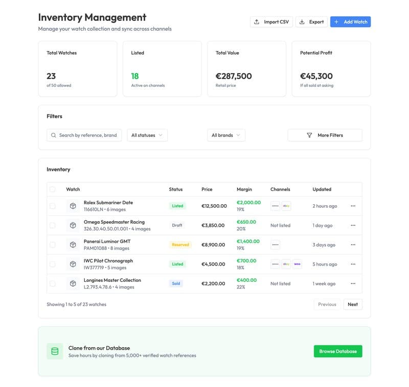 WatchTraderHub inventory management dashboard displaying luxury watch stock with database import, multi-channel sync status, and AI descriptions