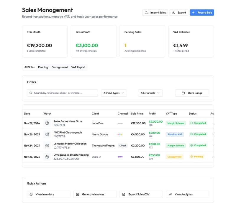 WatchTraderHub VAT compliant invoice generation showing margin scheme calculations, EU cross-border sales tracking, and professional invoice templates